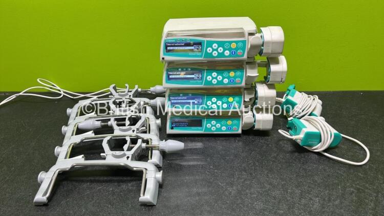 4 x B.Braun Perfusor Space Syringe Pumps (All Power Up - Distortion to 1 x Display) with 4 x Pole Clamps and 2 x Power Supplies *SN 97803 / 177560 / 1781 / 177931*