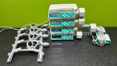 4 x B.Braun Perfusor Space Syringe Pumps (All Power Up - Distortion to 2 x Displays) with 4 x Pole Clamps and 2 x Power Supplies *SN 177982/ 97854 / 98112/ 44672*