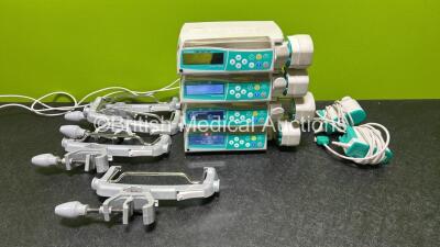 4 x B.Braun Perfusor Space Syringe Pumps (3 x Power Up - 1 x Blank Display, 1 x No Power) with 4 x Pole Clamps and 2 x Power Supplies *SN 97855 / 178090 / 178232/ 177860*