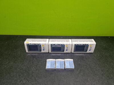 3 x Philips IntelliVue X2 Handheld Patient Monitors Including ECG, SpO2, NBP, Press and Temp Options (All Power Up with Stock Battery Stock Battery Not Included) with 3 x Flat Li-ion Batteries