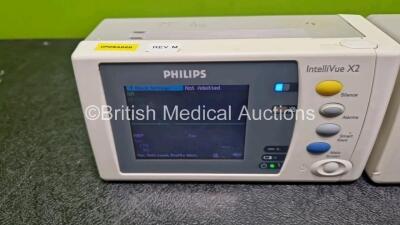 3 x Philips IntelliVue X2 Handheld Patient Monitors Including ECG, SpO2, NBP, Press and Temp Options (All Power Up with Stock Battery Stock Battery Not Included) with 3 x Flat Li-ion Batteries - 2