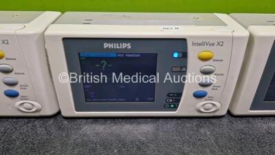 3 x Philips IntelliVue X2 Handheld Patient Monitors Including ECG, SpO2, NBP, Press and Temp Options (All Power Up with Stock Battery Stock Battery Not Included) with 3 x Flat Li-ion Batteries - 3