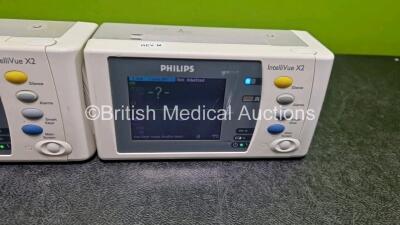 3 x Philips IntelliVue X2 Handheld Patient Monitors Including ECG, SpO2, NBP, Press and Temp Options (All Power Up with Stock Battery Stock Battery Not Included) with 3 x Flat Li-ion Batteries - 4