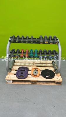 Dumbbell Rack Including 1kg, 2kg, and 3 Kg Dumbbells with Extra Barbell Plate Weights *ENF*