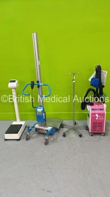 Mixed Lot Including 1 x Pronomic 70P Electric Lifting Trolley with Controller, 1 x Paxman Scalp Cooler (Powers Up), 1 x Weylux Standing Scale and 1 x Drip Stand *17000-2033 / SC0462*