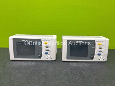 2 x Philips IntelliVue X2 Handheld Patient Monitors (Both Power Up with Stock Batteries - Stock Batteries Not Included) Including ECG, SpO2, NBP, Press and Temp Options with 2 x Philips M4607A Batteries (Both Flat Batteries) *SN DE575P0113 / DE95046429*