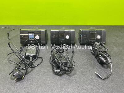 Job Lot Including 1 x ResMed Airsense 10 Autoset CPAP, 2 x ResMed Airsense 10 Elite CPAPS (All Power Up and 1 x Missing Humidifier Chamber) with 3 x Power Supplies *SN 23192123001 / 23211484305 / 23172500131*