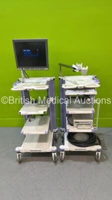 2 x Olympus WM-NP1 Stack Trolleys with Olympus OEV191H Monitor, Sony Printer and Stack Connection Cable (All Power Up - Damage to 1 x Trolley - See Photo) *SN 7724705 / 28 16269*