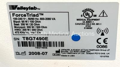 Valleylab ForceTriad Electrosurgical / Diathermy Unit Version 4.00 *Mfd 2008* on Stand with Dual Footswitch with LigaSure (Powers Up) *S/N T8G7490* - 6