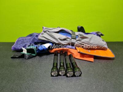 Job Lot of Various Ambulance Equipment Including Ez Glide Belts, 5 x Maglite Torches, Spencer Bags, Various Training Manikin Spare Parts, Pneupac VR1 Airmix, Ferno Compact Chair Cover and Various Ambulance Bags