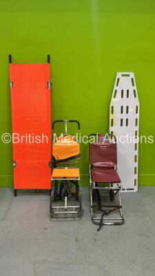 1 x Foldable Stretcher, 1 x Spinal Board, 1 x Ferno Compact Evacuation Chair and 1 x IBEX Seat Evacuation Chair