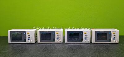 4 x Philips IntelliVue X2 M3002A Patient Monitors Including NBP, SpO2, ECG/Resp, Press and Temp Options (All Power Up with Stock Battery - Stock Battery Not Included and 2 x Cracked Casings - See Photos)