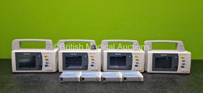 4 x Philips IntelliVue X2 M3002A Patient Monitors Including NBP, SpO2, ECG/Resp, Press and Temp Options and 4 x Philips M4607A Lithium Ion Batteries *All Flat Batteries*(All Power Up with Stock Battery - Stock Battery Not Included, 1 x Cracked Casing and 