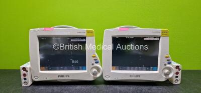 Job Lot Including 2 x Philips IntelliVue MP30 Touchscreen Patient Monitors with 2 x Philips M3001A Opt C18 Modules Including ECG, SpO2, NBP, Press and Temp Options (Both Power Up)