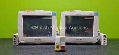 Job Lot Including 2 x Philips IntelliVue MP50 Touchscreen Patient Monitors (Both Power Up and 1 x Missing Dial - See Photo) with 1 x Philips M3001A Opt A01C06C12 Module Including ECG, SpO2, NBP, Press and Temp Options, 1 x Hewlett Packard M3000A Module In