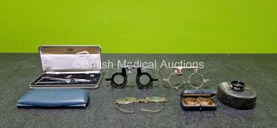 Job Lot Including 1 x Schiotz-Tonometer Improved, 2 x Unknown Trial Frames, 1 x Unknown Glass, 2 x Unknown Lense in Case and 1 x Volk 90D Double Aspheric Lense in Case