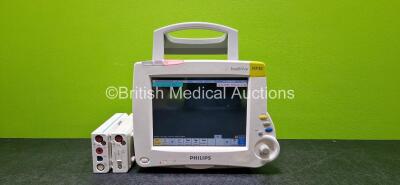 Philips IntelliVue MP30 Patient Monitor Including Printer Option (Powers Up and Cracked Casing - See Photos) with 2 x Lithium Batteries, 1 x Philips M3001A Opt A01C18 Module Including ECG, SpO2, NBP, Press and Temp Options and 1 x Philips CO2 Microstream 