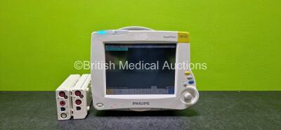 Philips IntelliVue MP30 Patient Monitor (Powers Up and Cracked Casing - See Photos) with 2 x Lithium Batteries, 1 x Philips M3014A Opt C07 Module Including Press, Temp, Press and CO2 Options (Damaged Casing - See Photo) and 1 x Philips M3001A Opt A01C06 