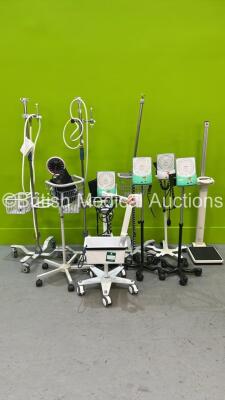 1 x Seca Stand on Scales, 4 x Accoson greenlight 300 Blood Pressure Meters on Stands, 1 x AccuVein Stand (Damaged), 1 x Welch Allyn Blood Pressure Meter on Stand and 2 x Fisher and Paykel Stands