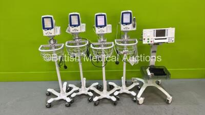 Job Lot Including 4 x Welch Allyn Spot Vital Signs LXi Monitors on Stands with Power Supplies (All Power Up) and 1 x Huntleigh Sonicaid FM800 Encore Fetal Monitor on Stand (Powers Up, 1 x Missing Button) *20100704315 / 20130200788*