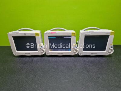 3 x Philips IntelliVue MP30 Patient Monitors (All Power Up 1 x with Scratches On Screen - See Photo) and 6 x Li-ion Batteries *SN DE728B3602 / DE728B3604 / DE728B3609*