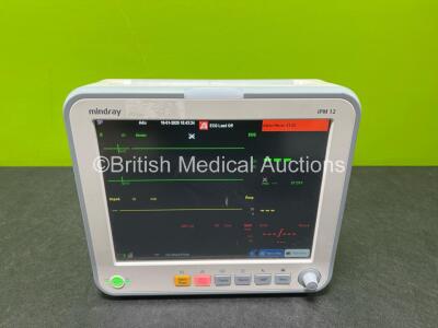 Mindray iPM 12 Patient Monitor Including ECG, SpO2, IBP1, IBP2, NIBP, T1 and T2 Options (Powers Up) *SN FH-04055432*