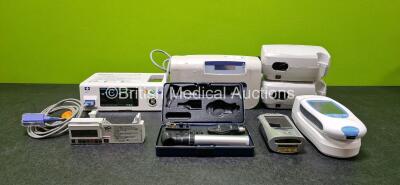 Mixed Lot Including 1 x Nellcor Bedside SpO2 Patient Monitoring System (Powers Up and Missing Dial - See Photo), 1 x CME Medical T34 Ambulatory Syringe Pump (Powers Up), 1 x Nova Medical GLU Stat Strip Glucose Monitor, 1 x Keeler Ophthalmoscope / Otoscop