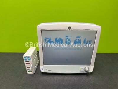 GE Carescape B650 Touch Screen Patient Monitor (Powers Up) with GE E-PSMP-01 Module Including ECG, SpO2, T1-T2, P1-P2 and NIBP Options and 1 x Li-ion Battery *SN SK416101046HA / 6817017*