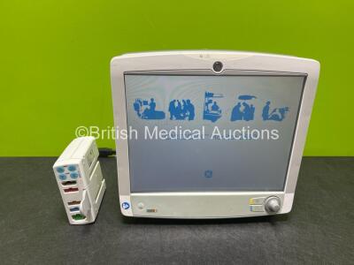 GE Carescape B650 Touch Screen Patient Monitor (Powers Up) with GE E-PSMP-01 Module Including ECG, SpO2, T1-T2, P1-P2 and NIBP Options and 1 x Li-ion Battery *SN SK416101034HA / 8006017*