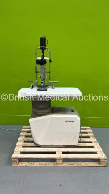 Haag Streit Bern BM900 Slit Lamp with Binoculars, 2 x 10x Eyepieces and Chin Rest on Takagi Auto Desk ST-40 (Powers Up - No Light Suspect Blown Bulb - Covers of Table Lugs Damaged) *S/N 13500* **Mfd 2009**