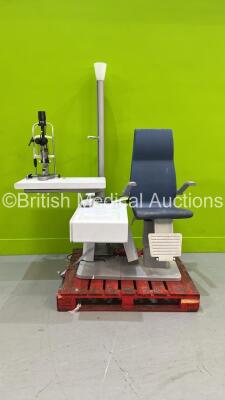 TopCon IS-600 II Ophthalmic Workstation with Chair and Control Panel and Haag Streit Bern SL900 Slit Lamp with Binoculars, 2 x 10x Eyepieces and Chin Rest (Not Able to Power Test)