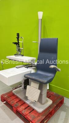 TopCon IS-600 II Ophthalmic Workstation with Chair and Control Panel and Haag Streit Bern SL900 Slit Lamp with Binoculars, 2 x 10x Eyepieces and Chin Rest (Not Able to Power Test) - 8