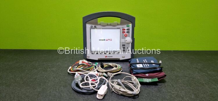 GS Corpuls3 Slim Defibrillator Ref : 04301 (Powers Up) with Corpuls Patient Box Ref : 04200 (Powers Up) with Pacer, Oximetry, ECG-D, ECG-M, CO2, CPR, NIBP and Printer Options with 4 and 6 Lead ECG Leads, CO2 Cable with TG-121T Cable, CPR Cable, Hose with