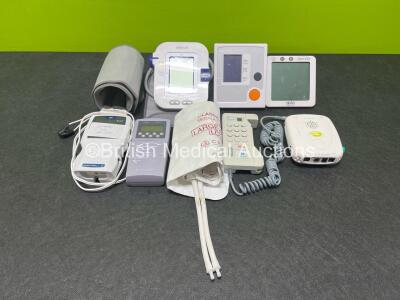 Mixed Lot Including 1 x Unknown Automatic Digital Blood Pressure Monitor with BP Cuff, 1 x Nissei DSK-1011 Blood Pressure Monitor, 1 x Omron M6 Monitor with 1 x BP Cuff, 1 x Safepresence Unit, 1 x Nellcor Oximax N-65 Unit, 1 x HNE Healthcare Mini Dopplex 