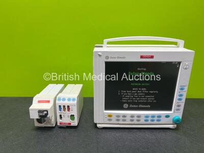 GE Datex Ohmeda F-CM1-04 Anaesthesia Monitor (Powers Up) with 1 x E-PRESTN-00 Module with ECG, SpO2, NIBP, T1, T2, P1 and P2 Options (Damage to Casing - See Photo) and 1 x GE Type E-CAi0-00 with D-Fend Water Trap *SN 6303237*