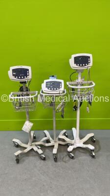 3 x Welch Allyn 53N00 Vital Signs Monitors on Stands with Power Supplies and Various Leads (All Draw Power)