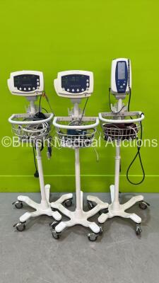 3 x Welch Allyn Vital Signs Monitors (2 x 53N00) on Stands with Power Supplies and Various Leads (All Draw Power)