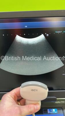 Toshiba Aplio i700 TUS-AI700 Flat Screen Ultrasound Scanner *S/N AEB16Y2012* **Mfd 2016** Software Version V2.4 with 2 x Transducer / Probe (PVI-475BT *Mfd 2022* and PVT-681MVL *Mfd 2016*) (Powers Up - Gel Warming Holder Damaged - See Pictures - Unable to - 7