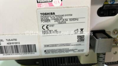 Toshiba Aplio i700 TUS-AI700 Flat Screen Ultrasound Scanner *S/N AEB16Y2012* **Mfd 2016** Software Version V2.4 with 2 x Transducer / Probe (PVI-475BT *Mfd 2022* and PVT-681MVL *Mfd 2016*) (Powers Up - Gel Warming Holder Damaged - See Pictures - Unable to - 22