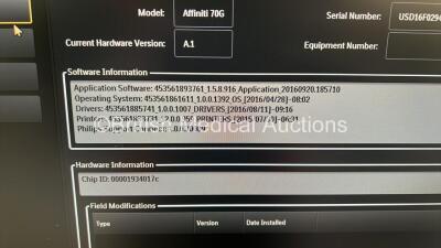 Philips Affiniti 70G Flat Screen Ultrasound Scanner Ref 989605416151 SVC HW A.1 *S/N USD16F0294* **Mfd 2016** Software Version 1.5.8.916 with 3 x Transducers / Probes (C5-1 / L12-5 50 and C9-2) (Powers Up) - 12