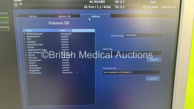 GE Voluson S6 Flat Screen Ultrasound Scanner Ref 5343689 *S/N 196280SU2* **Mfd 10/2012** Software Version 12.0.0 (12.0.2.132) with Sony UP-D897 Digital Graphic Printer (Powers Up) - 10