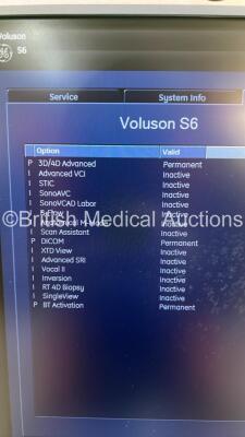 GE Voluson S6 Flat Screen Ultrasound Scanner Ref 5343689 *S/N 196280SU2* **Mfd 10/2012** Software Version 12.0.0 (12.0.2.132) with Sony UP-D897 Digital Graphic Printer (Powers Up) - 11