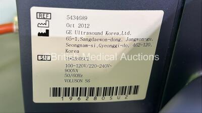 GE Voluson S6 Flat Screen Ultrasound Scanner Ref 5343689 *S/N 196280SU2* **Mfd 10/2012** Software Version 12.0.0 (12.0.2.132) with Sony UP-D897 Digital Graphic Printer (Powers Up) - 14