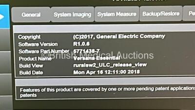 GE Versana Essential Flat Screen Ultrasound Scanner Part No 5771438-7 *S/N 6022264WX0* **Mfd 2018** Software Version R1.0.6 with Sony UP-D898DC Printer (Powers Up) - 8