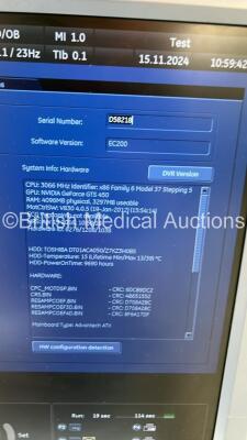 GE Voluson E6 Flat Screen Ultrasound Scanner *S/N D58218* **Mfd 2012** Software Version EC200 (13.0.06.254) with Sony UP-D897 Digital Graphic Printer (Powers Up - Missing 2 x Buttons) - 16