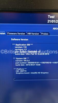 GE Vivid E9 Flat Screen Ultrasound Scanner *S/N VE94921* **Mfd 2013** Application Software Version 112 Revision 1.3 System Software Version 104.3.4 with 2 x Transducers / Probes (M5S-D Ref GE-3MIX *Mfd 2022* and P2D) (Powers Up) - 16