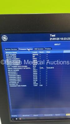 GE Vivid E9 Flat Screen Ultrasound Scanner *S/N VE94921* **Mfd 2013** Application Software Version 112 Revision 1.3 System Software Version 104.3.4 with 2 x Transducers / Probes (M5S-D Ref GE-3MIX *Mfd 2022* and P2D) (Powers Up) - 17