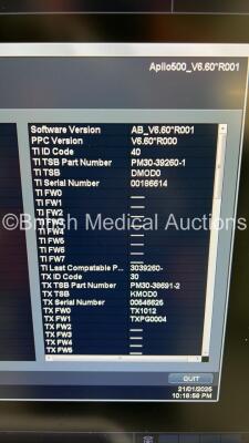 Toshiba Aplio 500 TUS-A500 Flat Screen Ultrasound Scanner *S/N WAD1682869* **Mfd 2016** Software Version AB_V6.60*R001 (Powers Up - Missing Dial - See Pictures) *See PDF for Ultrasound Report* - 9