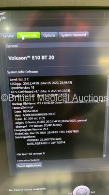 GE Voluson E10 Flat Screen Ultrasound Scanner Ref BT20 *S/N E75706* **Mfd 2020** Software Version EC350 (20.0.2.4410) with 2 x Transducers / Probes (IC5-9-D Ref 54923514 *Mfd 11/2019* and C2-9-D Ref 5405253 *Mfd 11/2019*) and Sony UP-D898DC Digital Graphi - 13