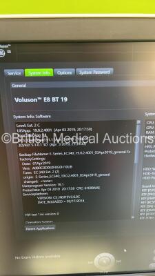 GE Voluson E8 Flat Screen Ultrasound Scanner Ref BT19 *S/N E43194* **Mfd 2019** Software Version EC340 (19.0.2.4001) with 5 x Transducers / Probes (9L-D Ref 5194432 *Mfd 2012* / 9L-D Ref 5194432 *Mfd 2019* / ML6-15-D Ref 5199103 *Mfd 2019* / C2-9-D Ref 54 - 17